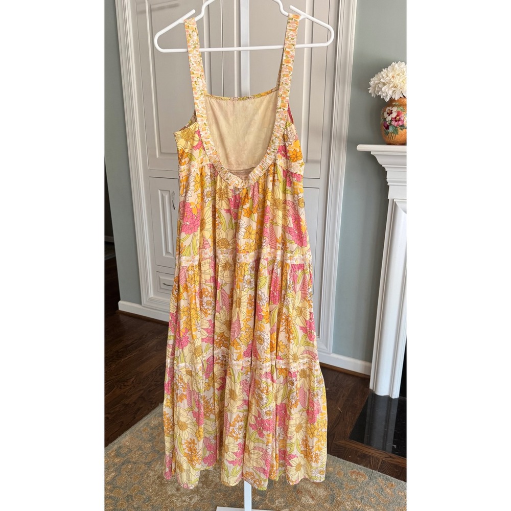 American Eagle Floral Tiered Maxi Dress Yellow Pink Retro Boho Sun Dress XS - Picture 6 of 8